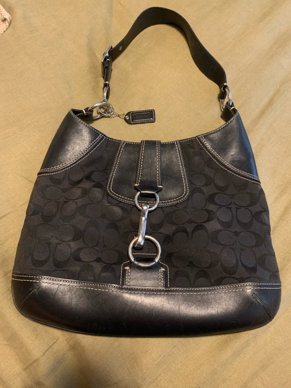 Coach Black Signature Canvas Hobo with Leather Trim and Silver